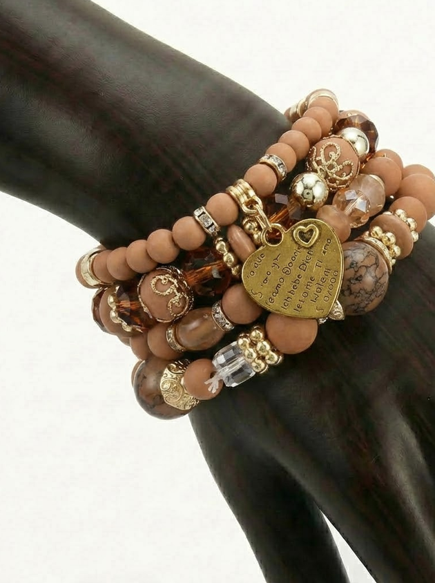 Boho Crystal Bead Bracelet Set – 4-Piece Elastic Stack with Heart Charm