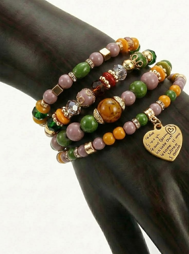 Boho Crystal Bead Bracelet Set – 4-Piece Elastic Stack with Heart Charm