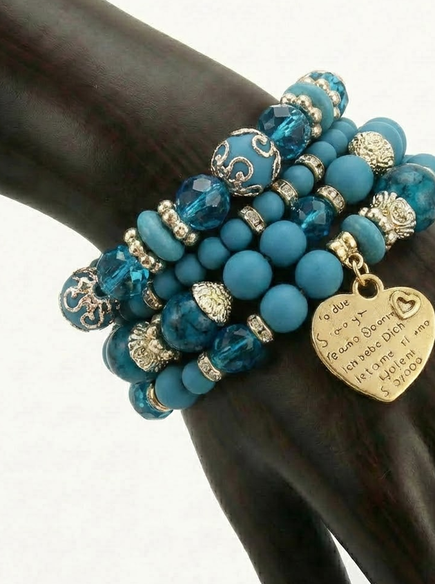 Boho Crystal Bead Bracelet Set – 4-Piece Elastic Stack with Heart Charm