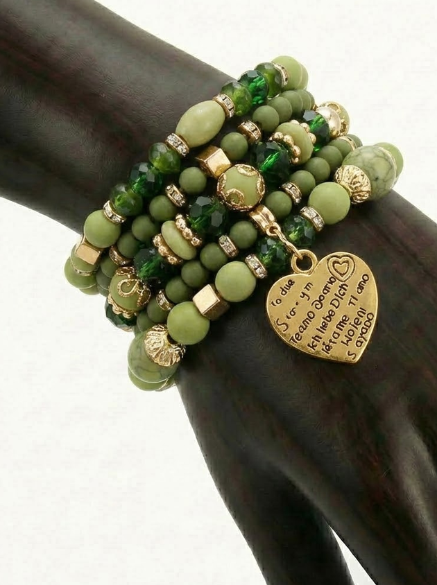 Boho Crystal Bead Bracelet Set – 4-Piece Elastic Stack with Heart Charm